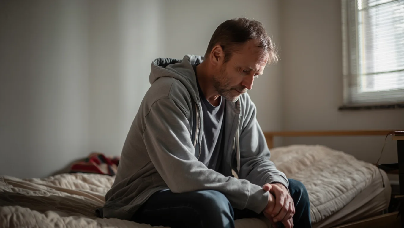 Мужчина с хроническим алкоголизмом сидит на кровати